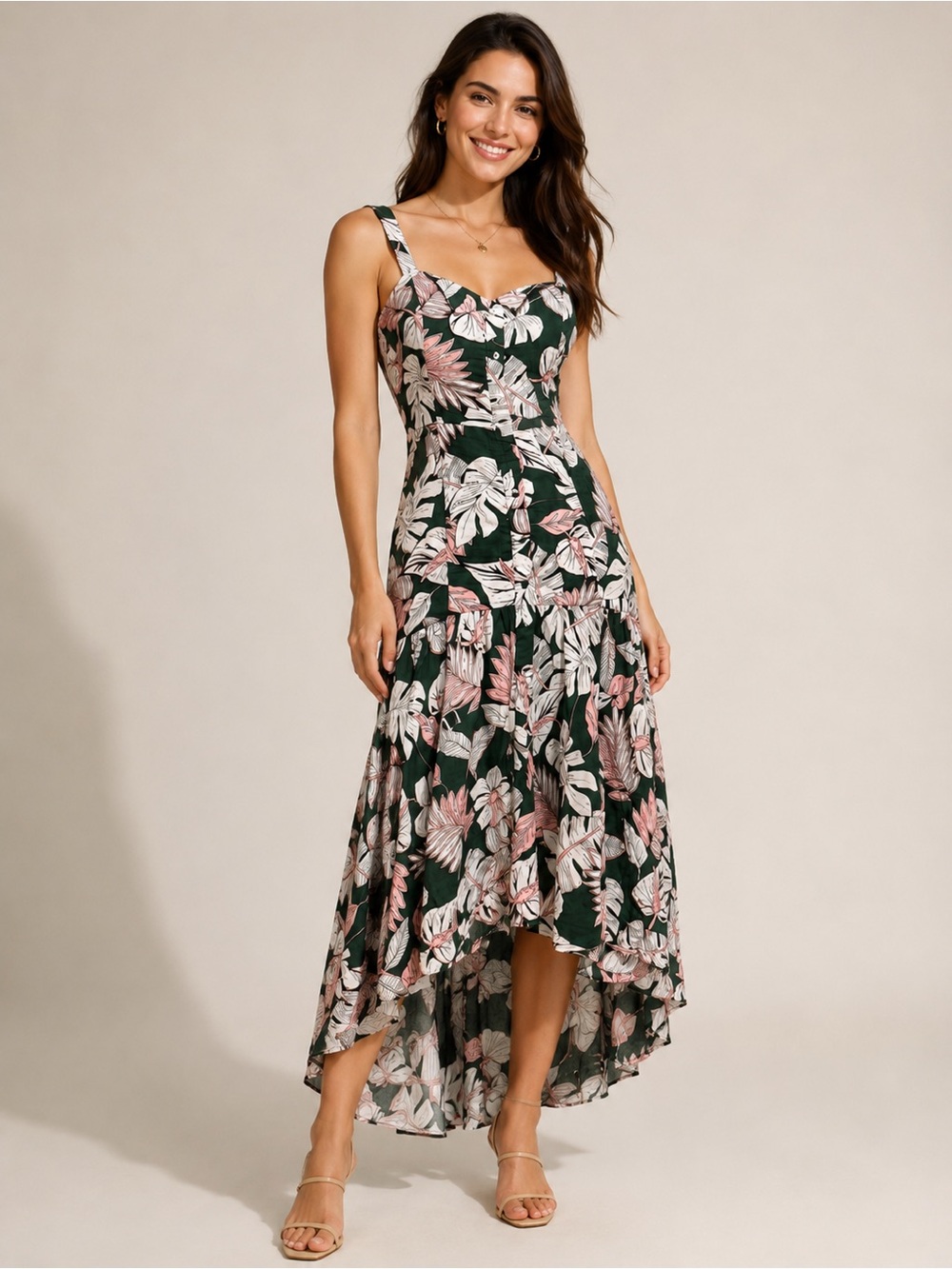 Gianni Bini Tropical Floral High Low Midi Dress XS Green Pink Cotton Rayon